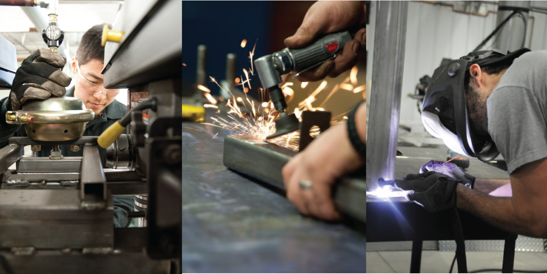 Three photos showing different aspects of manufacturing
