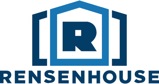 Rensenhouse logo with a blue outline of a house and a bold "R" at the center.