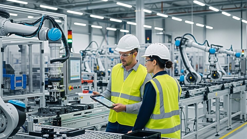 Workers in a factory wearing safety gear, interacting with machinery and a tablet.
