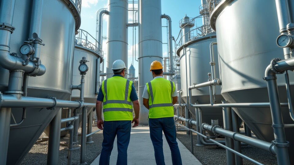 Two workers walking through ethanol plant