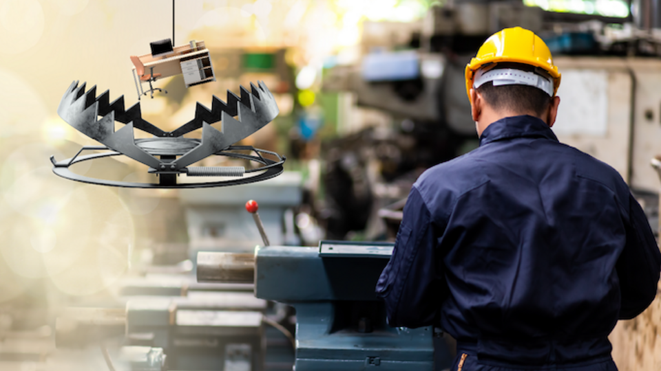 Worker in a yellow helmet operates machinery in a factory, with sharp metal trap in foreground.