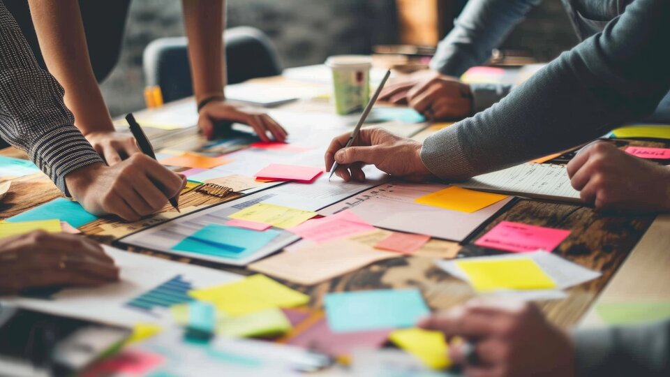 Team collaborating at a table covered with colorful sticky notes and papers.
