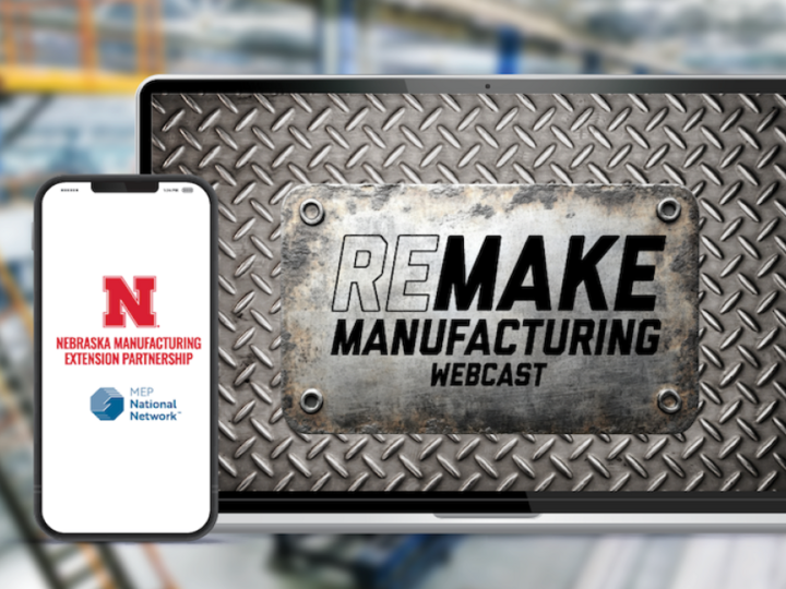 Laptop with a metal-patterned screen showing "Remake Manufacturing Webcast," next to a phone screen.