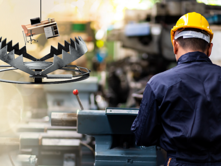 Worker in a yellow helmet operates machinery in a factory, with sharp metal trap in foreground.