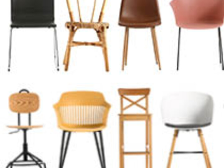 Various stylish chairs in different designs and materials arranged in a grid layout.