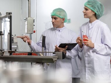 Two QA workers on bottling line.